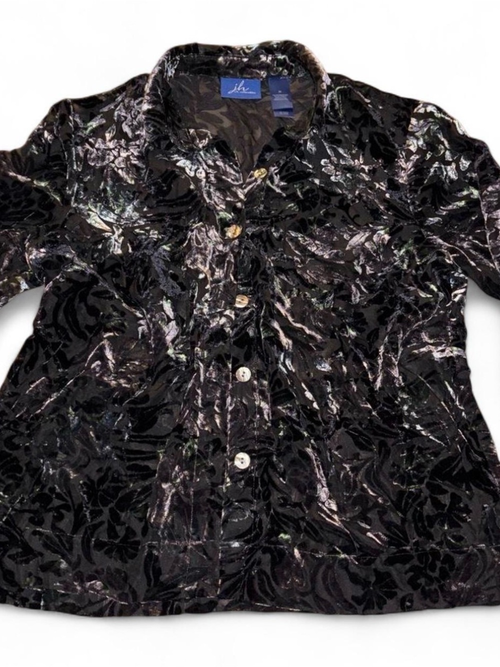 Rare 90s JH Collectible Velvet Burnout Button down shirt M Black Silver Green